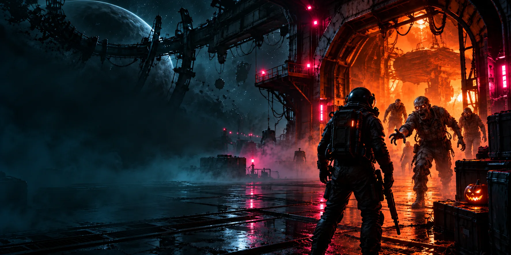 Halloween-Sci-Fi-Illustration: ein Überlebender und Zombies an einer verlassenen Raumstation